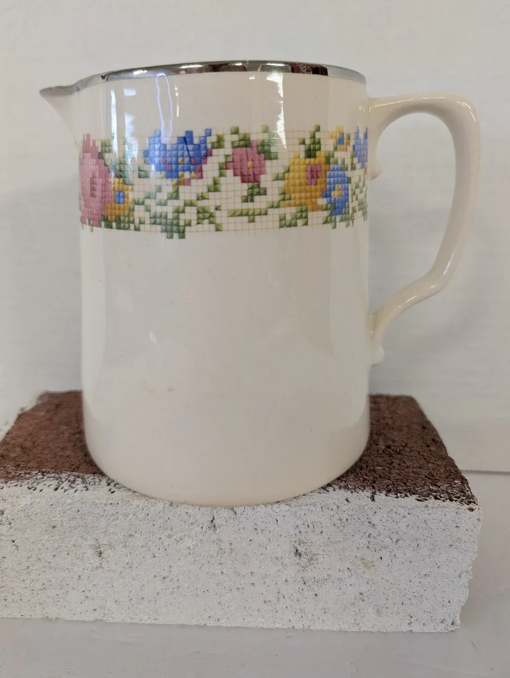 VINTAGE Milk Pitcher Floral Cross-Stitch Pattern Ceramic - Pink, Blue, Yellow